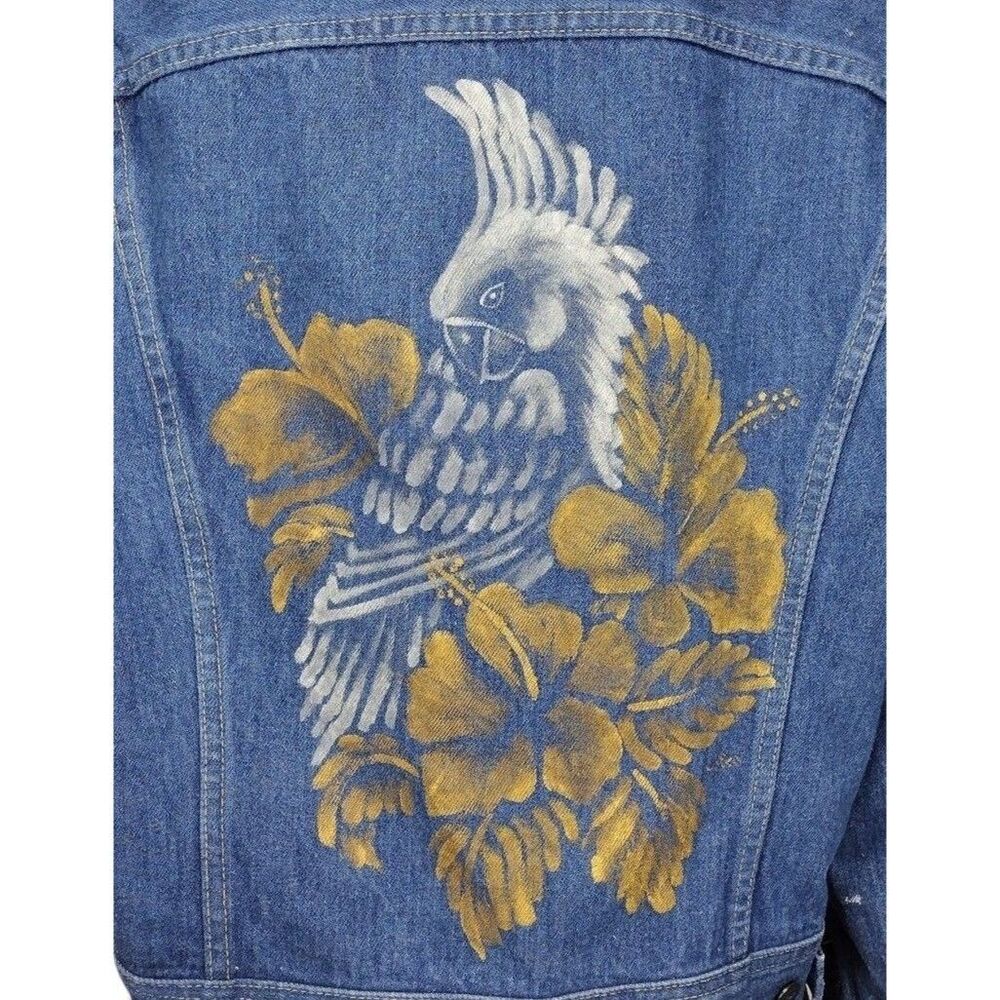 Vintage 80s Lee Denim Hand Painted Artsy Cockatoo Flowers Trucker Jean Jacket